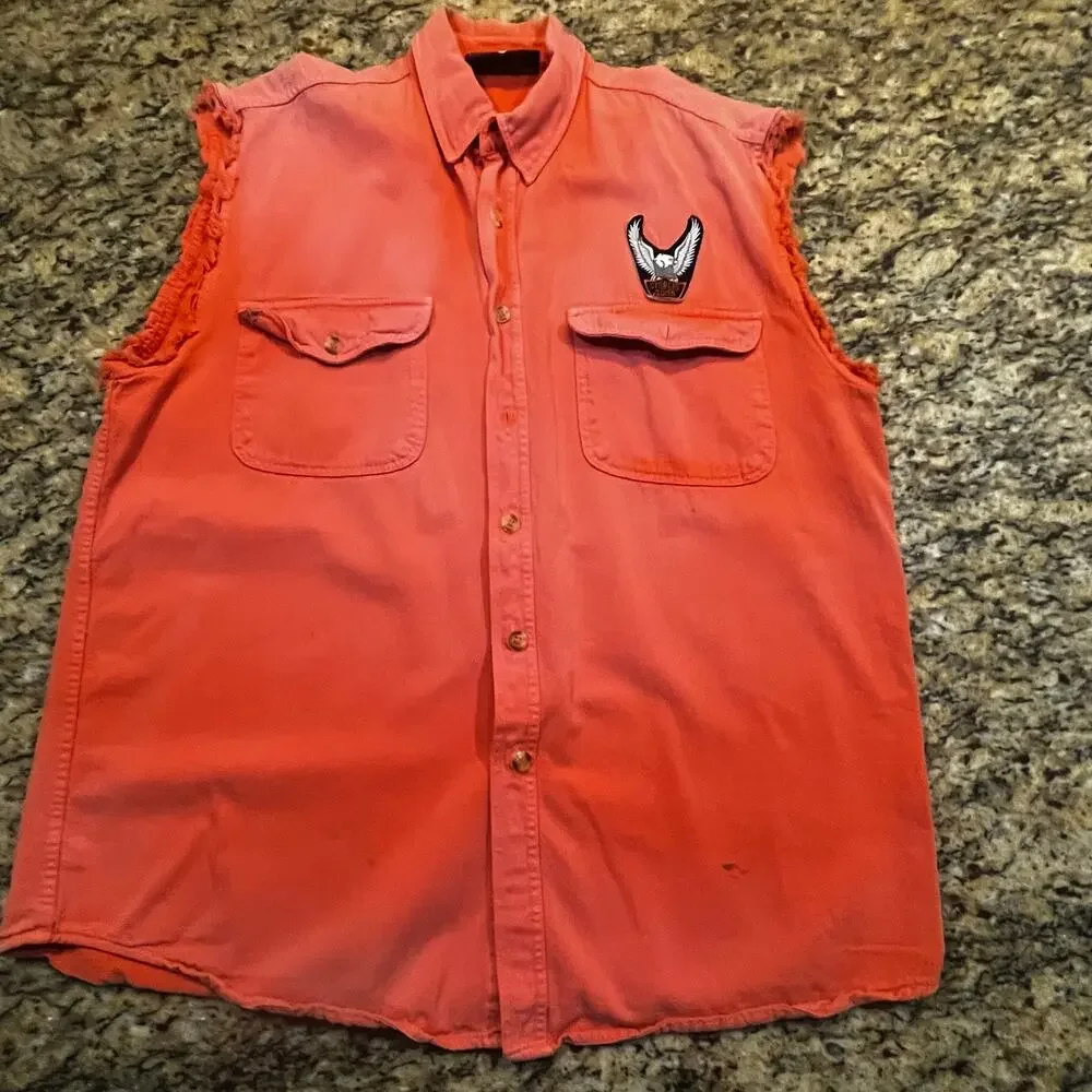 Biker Design Sturgis Buffalo Sleeveless Button Shirt‎ Men M Western Y2K Orange